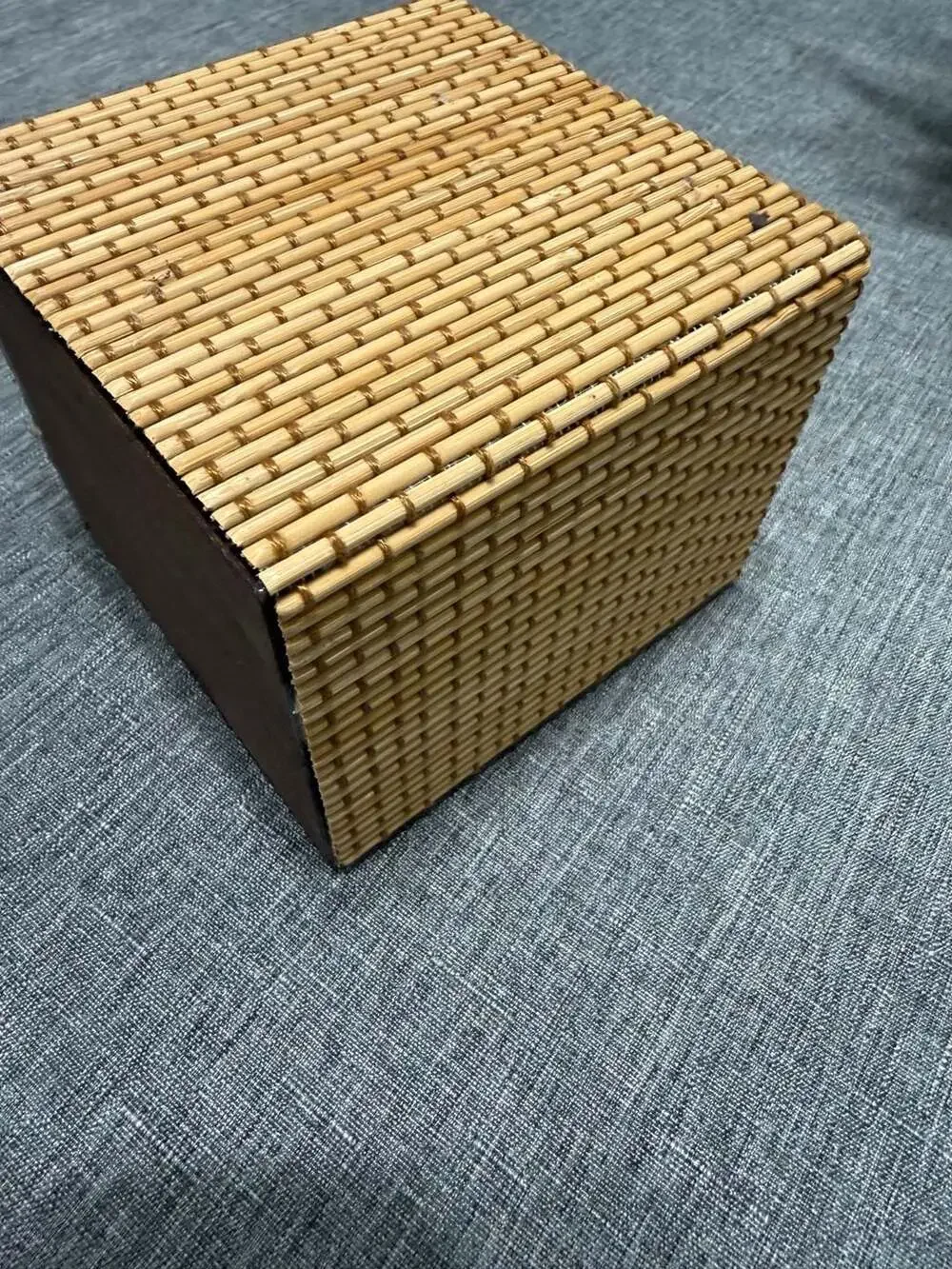 Handcrafted Bamboo Wood and Woven Storage Box with Wooden Bead Button Clamshell